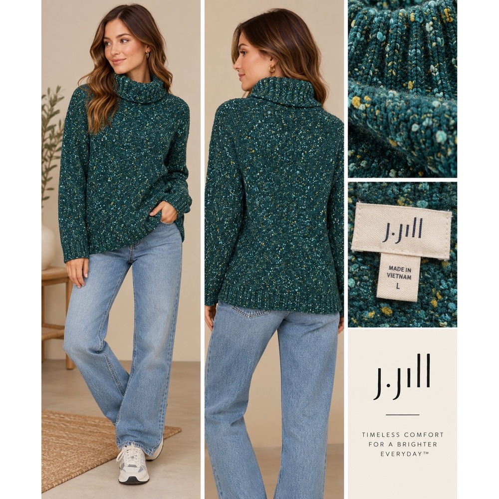 J. Jill Womens Teal Green Marled Knit Turtleneck Sweater Large Relaxed Fit